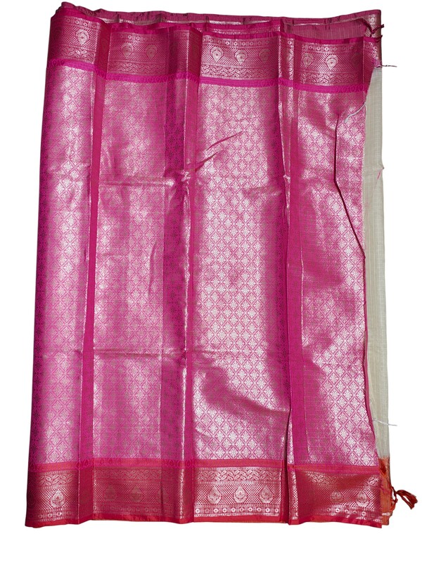 White & Pink Banarasi Silk Saree with Unstitched Blouse