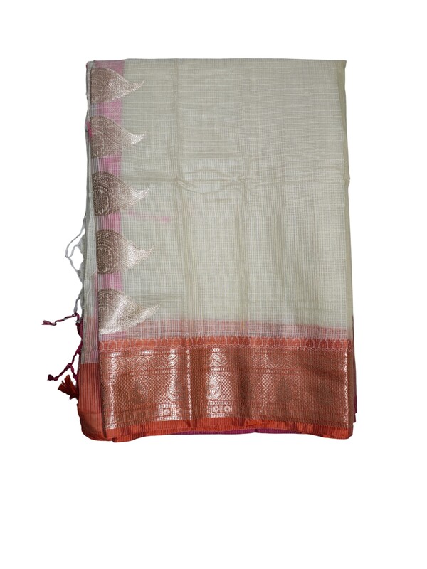 White & Pink Banarasi Silk Saree with Unstitched Blouse