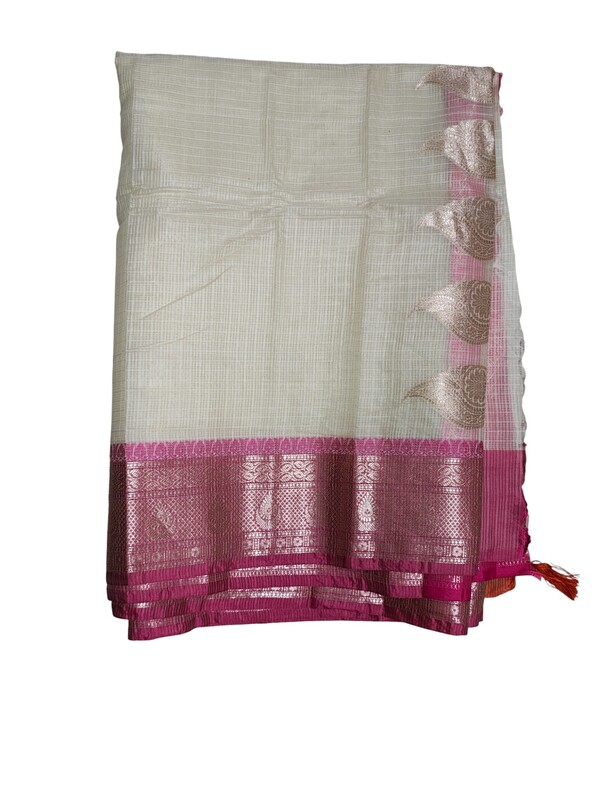 White & Pink Banarasi Silk Saree with Unstitched Blouse