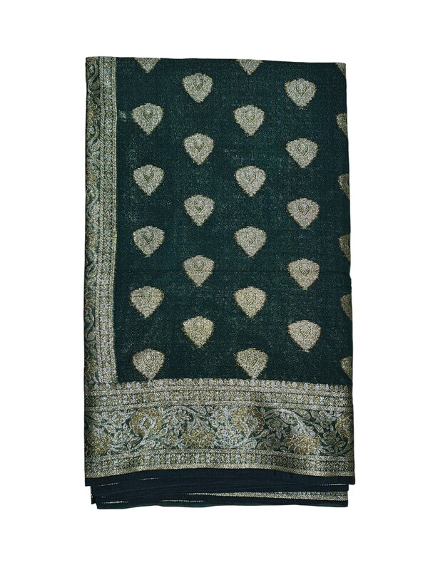 Dark Green Banarasi Silk Golden Zari Saree with Unstitched Blouse