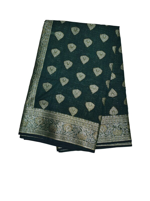 Dark Green Banarasi Silk Golden Zari Saree with Unstitched Blouse