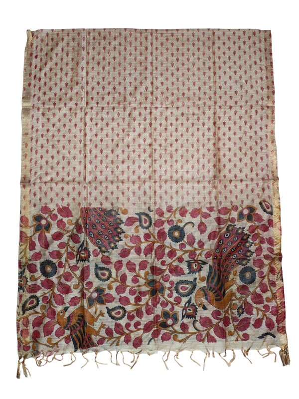 Kalamkari Red Unstitched Silk Salwar Suit Dress Material with Dupatta