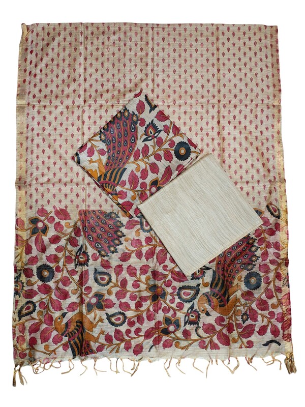 Kalamkari Red Unstitched Silk Salwar Suit Dress Material with Dupatta