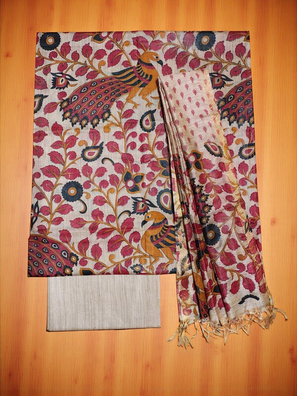 Kalamkari Red Unstitched Silk Salwar Suit Dress Material with Dupatta