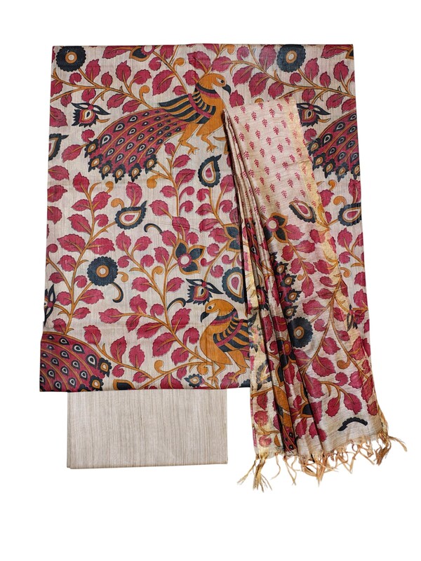 Kalamkari Red Unstitched Silk Salwar Suit Dress Material with Dupatta