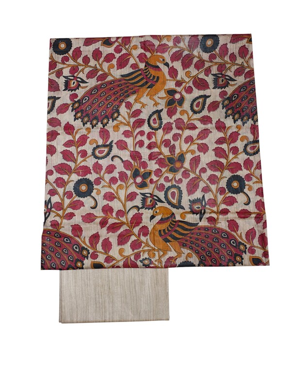 Kalamkari Red Unstitched Silk Salwar Suit Dress Material with Dupatta