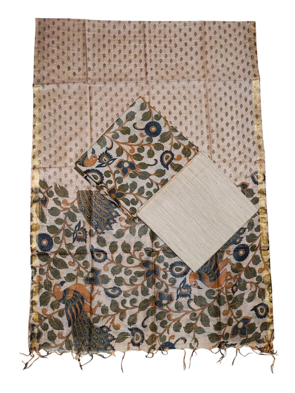 Green Madhubani Print Unstitched Katan Silk Salwar Suit with Dupatta