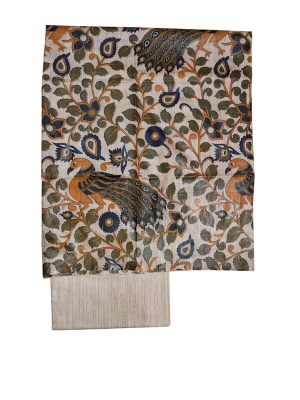 Green Madhubani Print Unstitched Katan Silk Salwar Suit with Dupatta