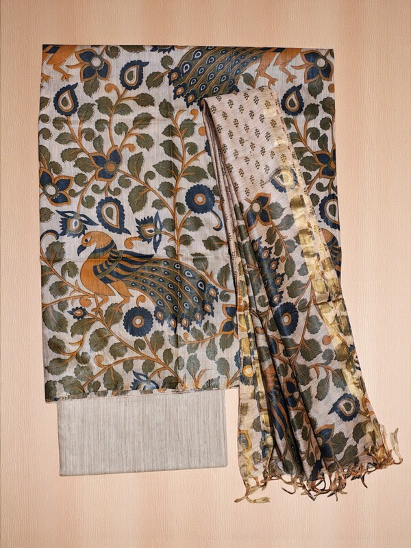 Green Madhubani Print Unstitched Katan Silk Salwar Suit with Dupatta