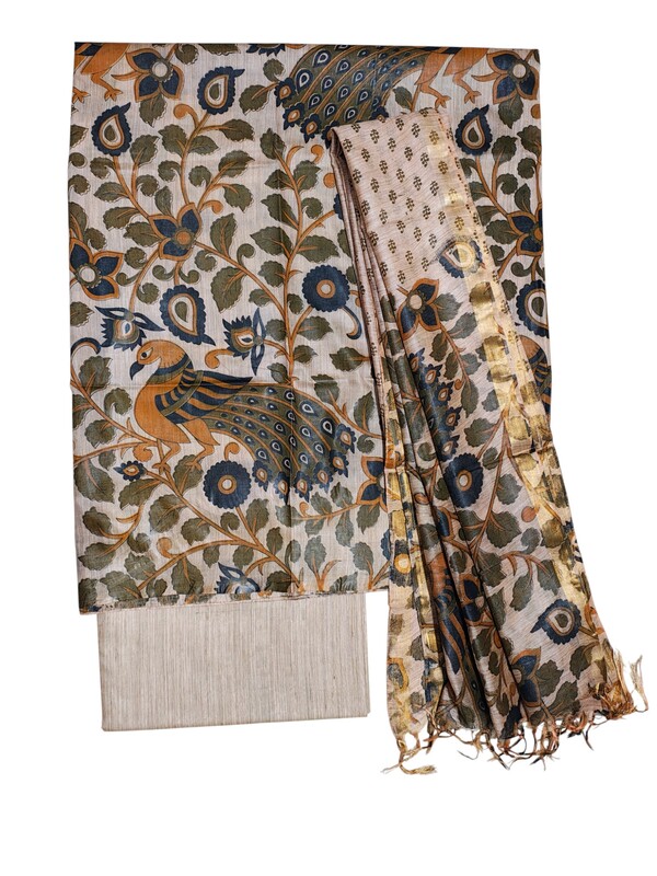 Green Madhubani Print Unstitched Katan Silk Salwar Suit with Dupatta