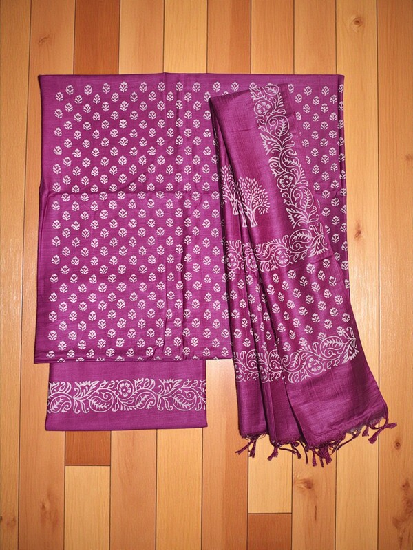 DarkPink block print dress material for women