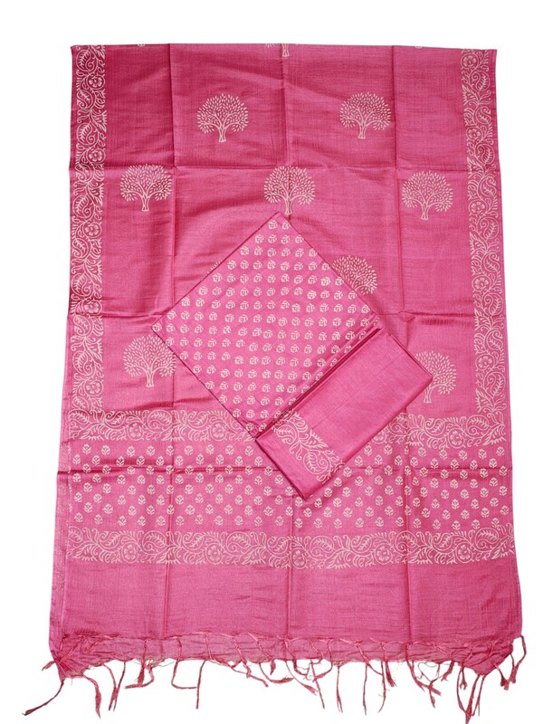 Pink Hand Block Print Unstitched Silk Salwar Suit Dress Material with Dupatta