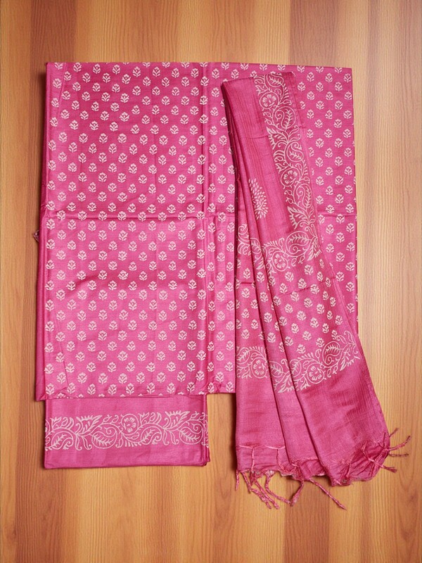 Pink Hand Block Print Unstitched Silk Salwar Suit Dress Material with Dupatta