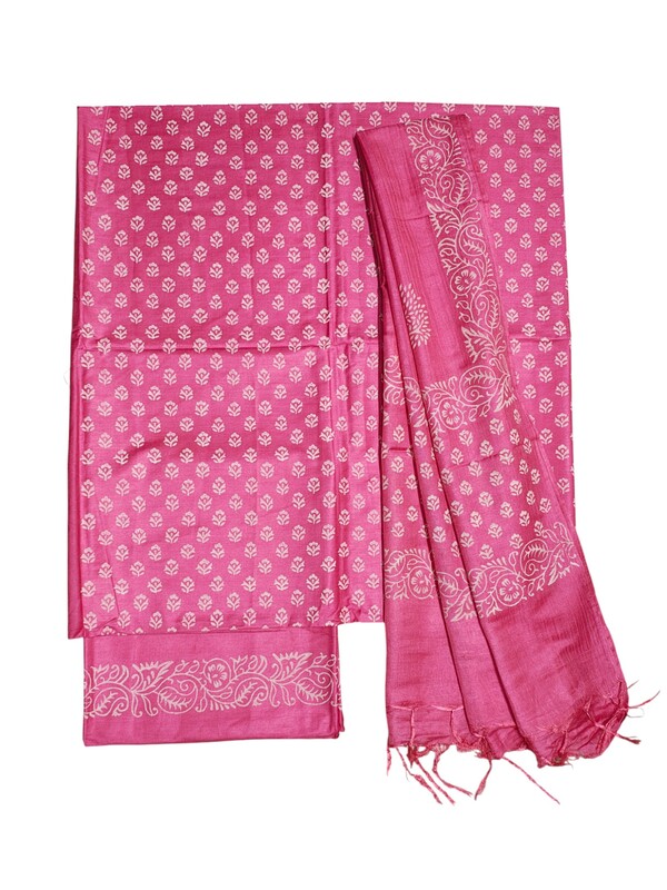 Pink Hand Block Print Unstitched Silk Salwar Suit Dress Material with Dupatta