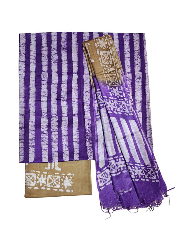 Lavender Block Print Silk Salwar Suit Set with Dupatta
