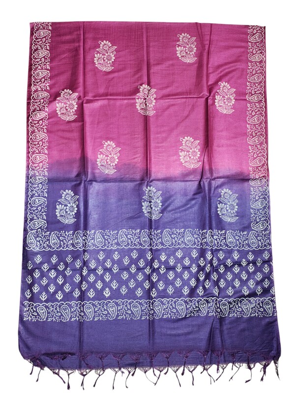 Purple & Pink Unstitched Block Print Silk Salwar Suit Dress Material with Dupatta