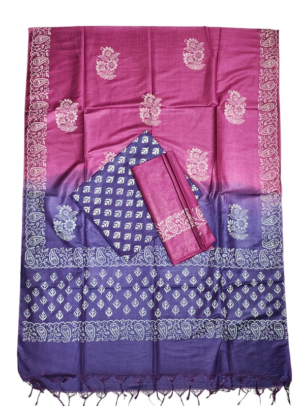 Purple & Pink Unstitched Block Print Silk Salwar Suit Dress Material with Dupatta