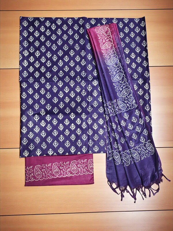 Purple & Pink Unstitched Block Print Silk Salwar Suit Dress Material with Dupatta