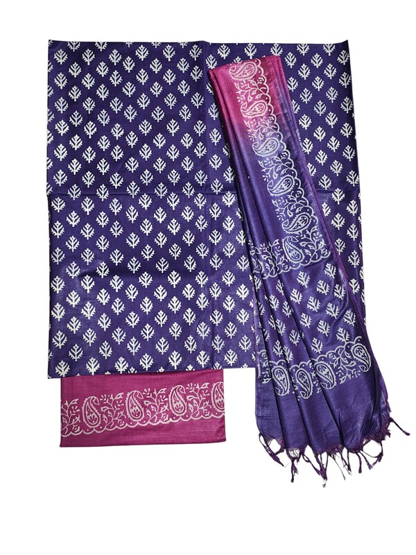 Purple & Pink Unstitched Block Print Silk Salwar Suit Dress Material with Dupatta