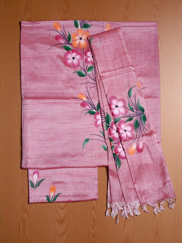 Pink Unstitched Block Print Silk Salwar Suit Dress Material with Dupatta