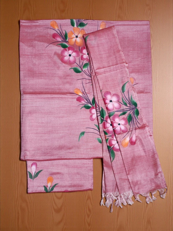 Pink Unstitched Block Print Silk Salwar Suit Dress Material with Dupatta