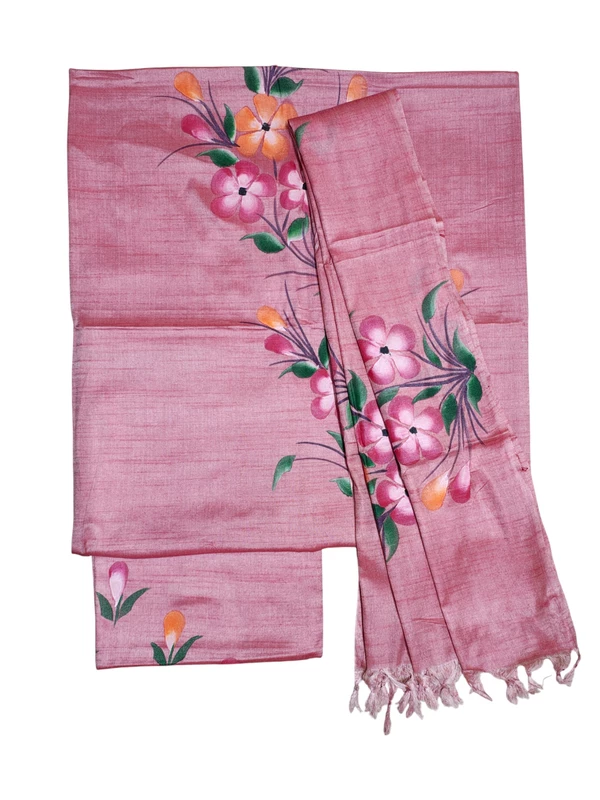 Pink Unstitched Block Print Silk Salwar Suit Dress Material with Dupatta
