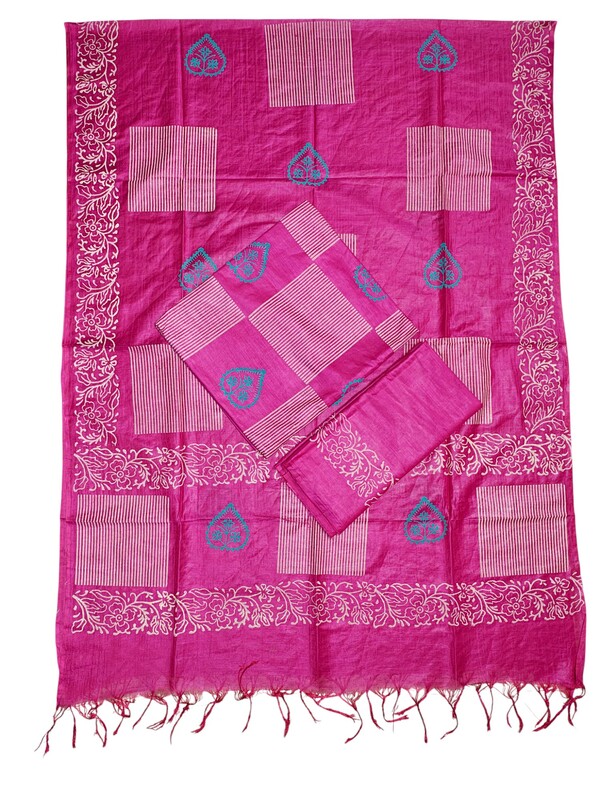 Dark Pink block print katan silk unstitched salwar suit set