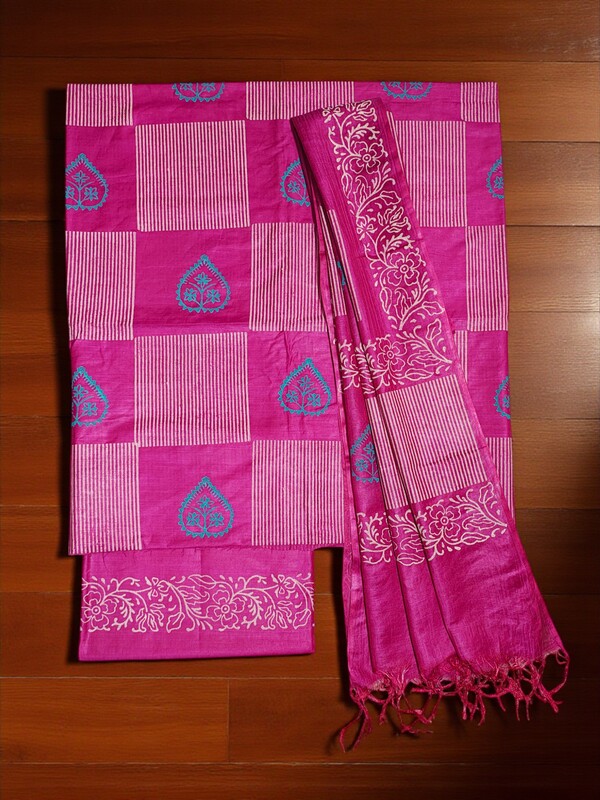 Dark Pink block print katan silk unstitched salwar suit set