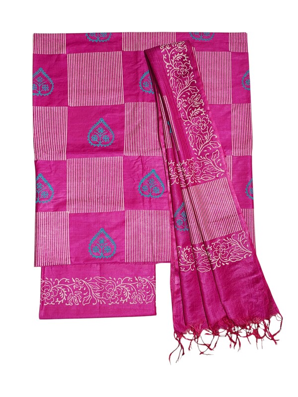 Dark Pink block print katan silk unstitched salwar suit set