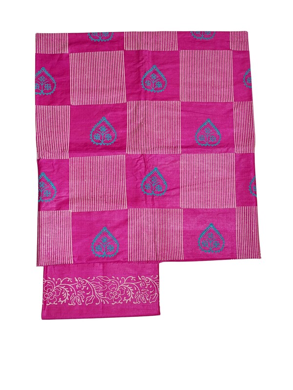 Dark Pink block print katan silk unstitched salwar suit set