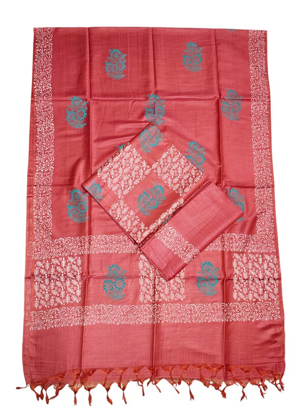 Orange Unstitched Batik Cotton Silk Salwar Suit Dress Material with Dupatta