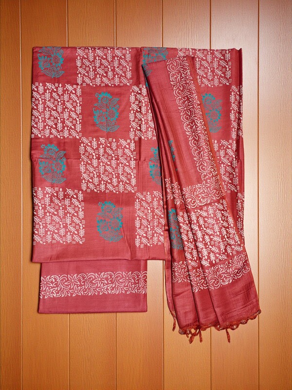 Orange Unstitched Batik Cotton Silk Salwar Suit Dress Material with Dupatta