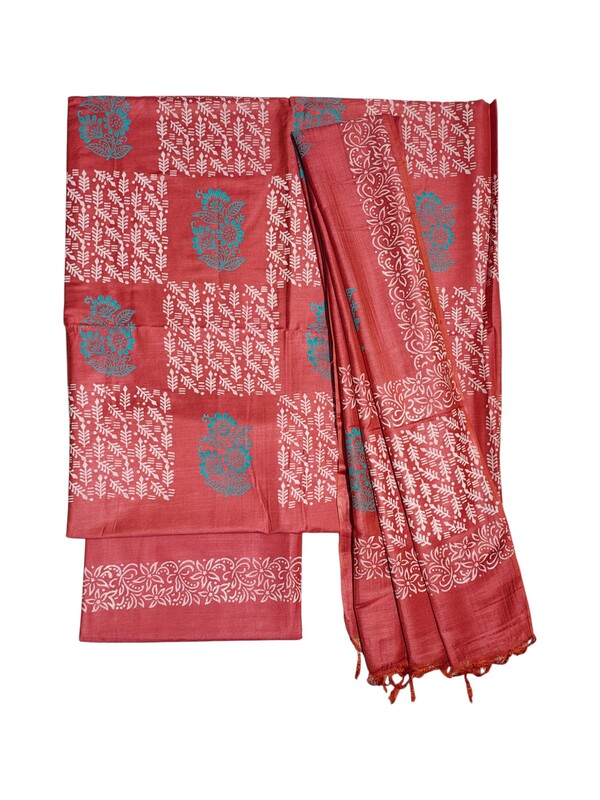 Orange Unstitched Batik Cotton Silk Salwar Suit Dress Material with Dupatta