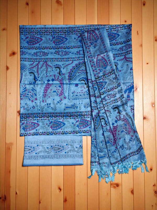 Pink Madhubani Print Unstitched Silk Salwar Suit with Dupatta