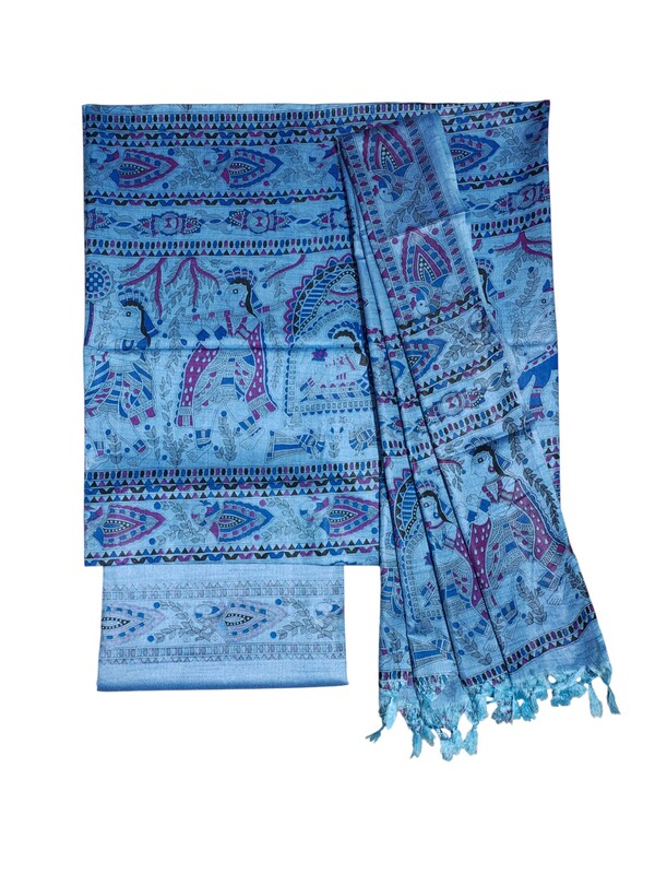 Pink Madhubani Print Unstitched Silk Salwar Suit with Dupatta