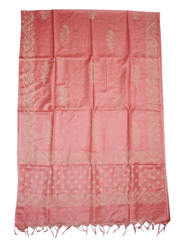 Peach Block Print Bhagalpuri Silk Dress Material with Dupatta