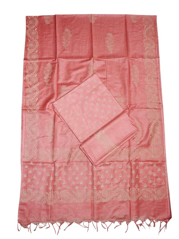 Peach Block Print Bhagalpuri Silk Dress Material with Dupatta