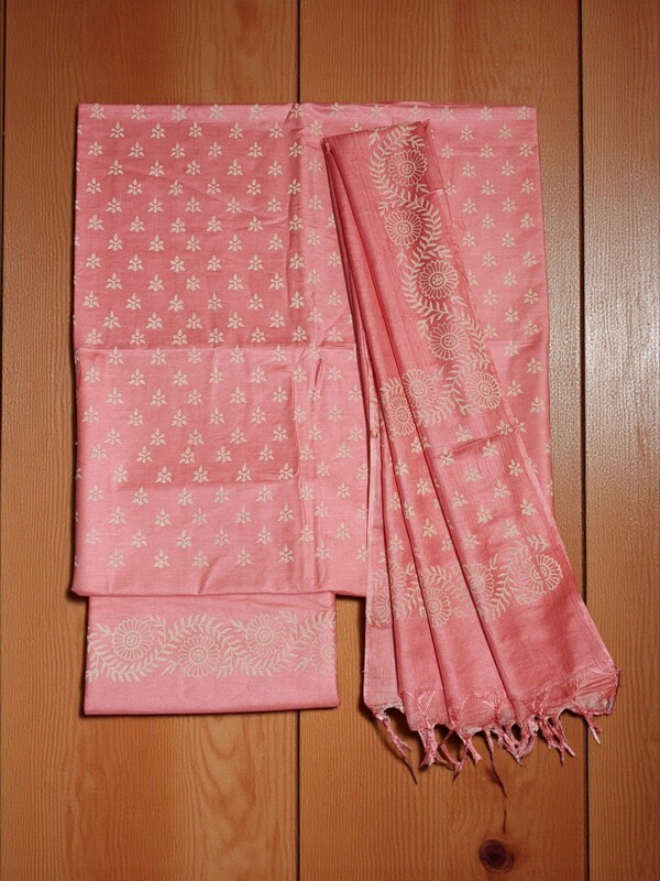 Peach Block Print Bhagalpuri Silk Dress Material with Dupatta
