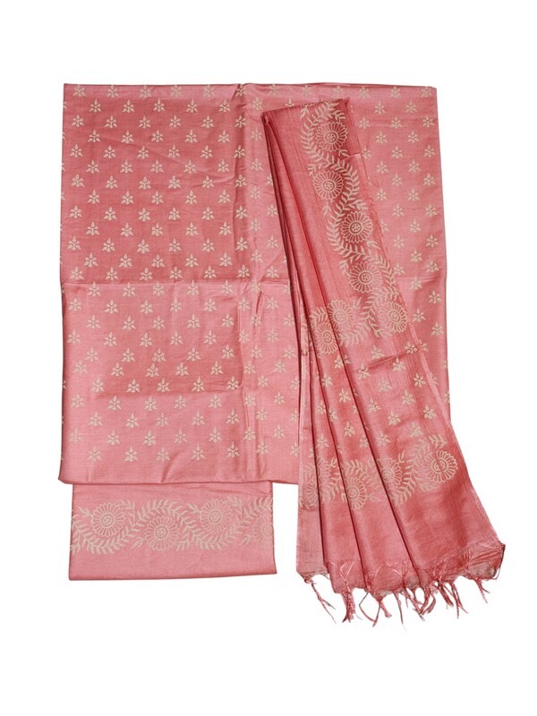 Peach Block Print Bhagalpuri Silk Dress Material with Dupatta