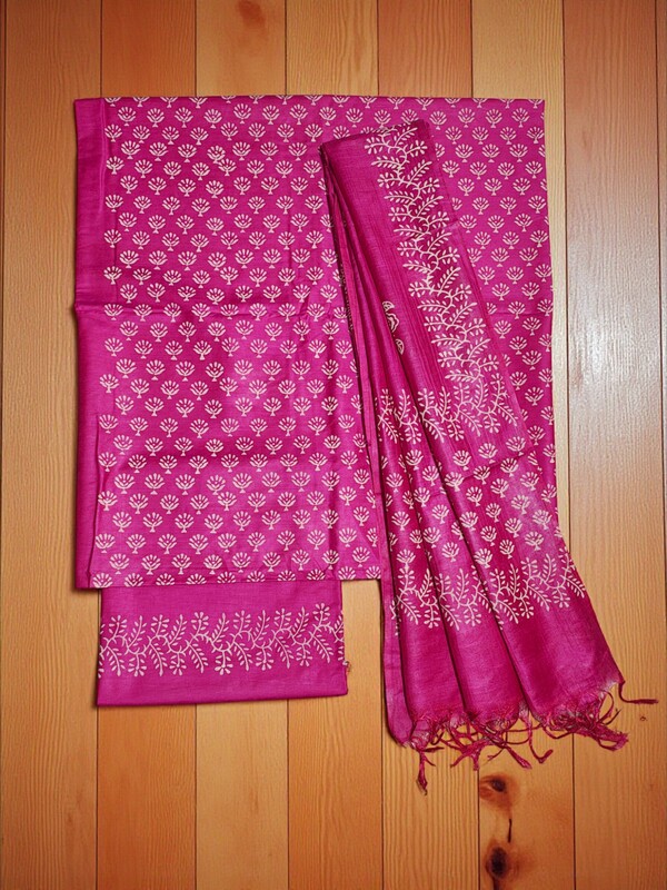 Pink Unstitched Batik Print Silk Salwar Suit Dress Material with Dupatta