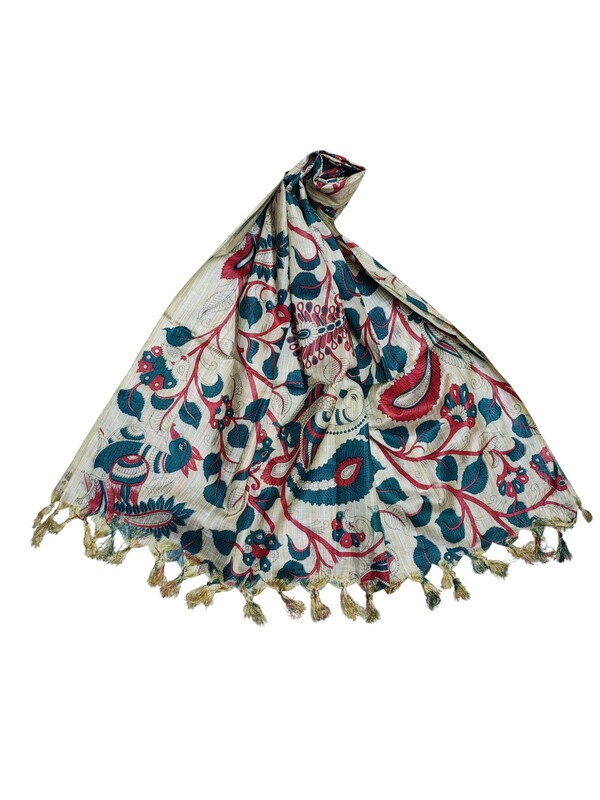 Green & Red Kalamkari Print Cotton Silk Dupatta for Women