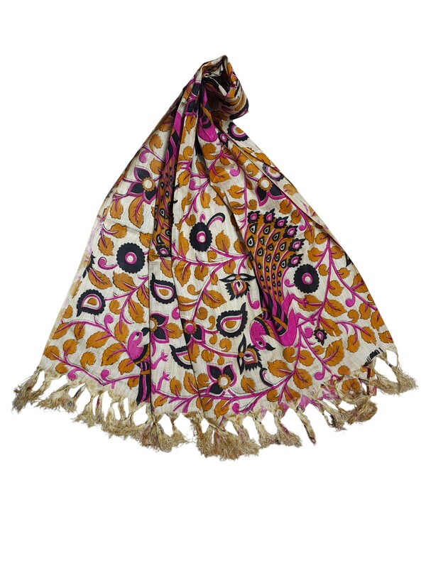 Pink & Orange Kalamkari Print Cotton Silk Dupatta for Women