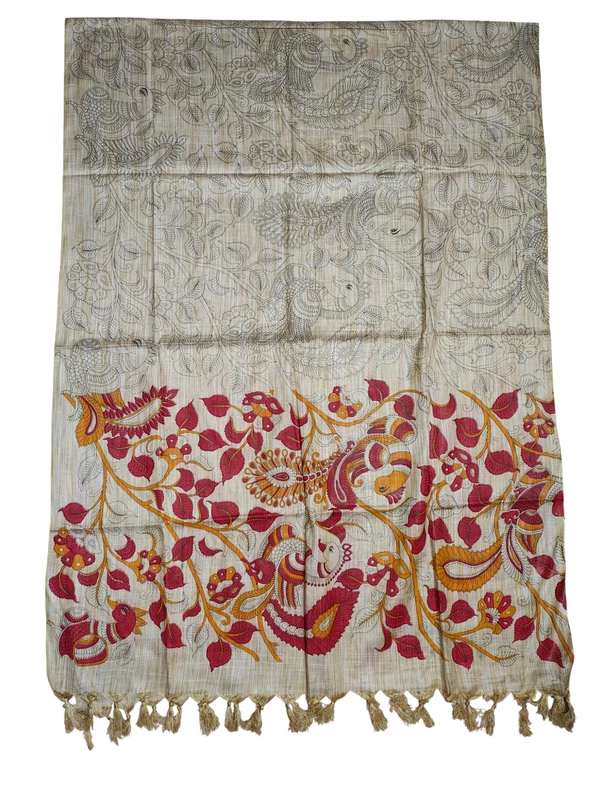Red & Orange Kalamkari Print Cotton Silk Dupatta for Women