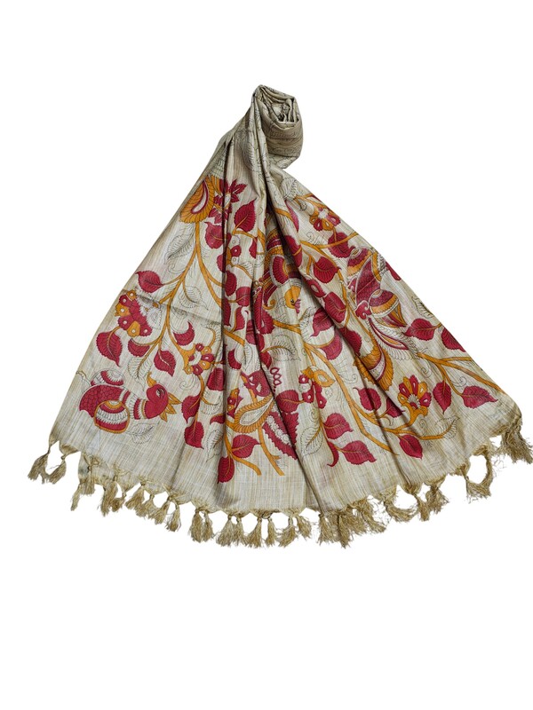 Red & Orange Kalamkari Print Cotton Silk Dupatta for Women
