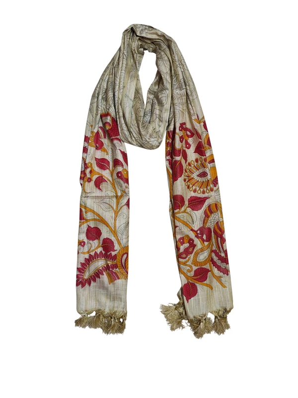 Red & Orange Kalamkari Print Cotton Silk Dupatta for Women