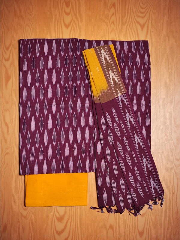 Maroon & Orange Unstitched Pochampally Ikkat Salwar Suit Dress Material with Dupatta for Women