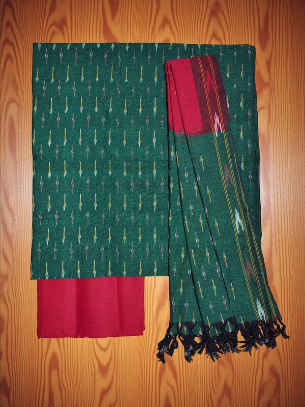 Olive Green Pochampally Ikkat Cotton Unstitched Salwar Suit Set with Dupatta