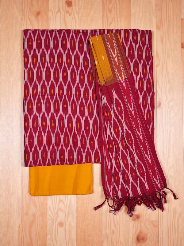 Red & Yellow Pochampally Ikkat Cotton Dress Material with Dupatta