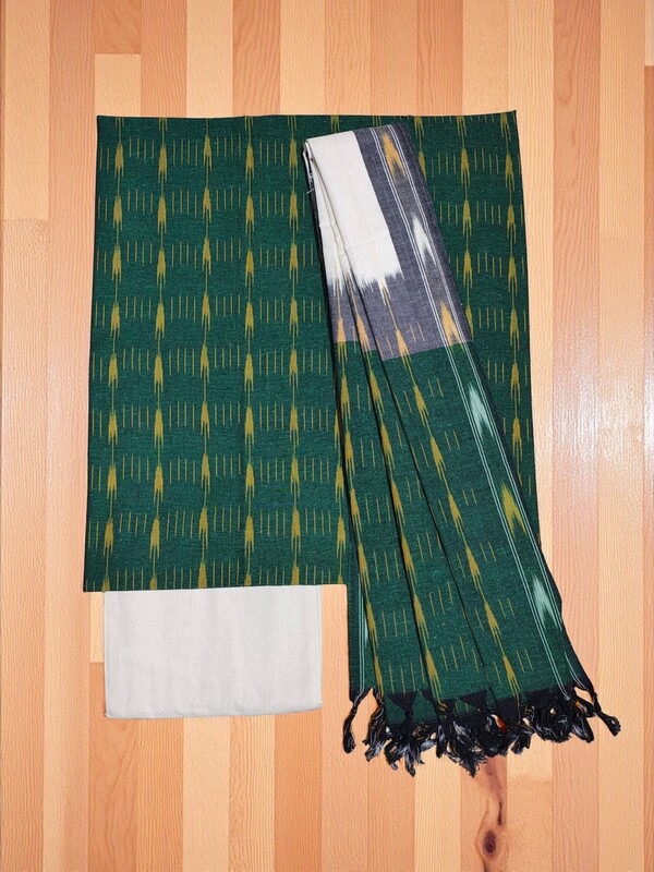 Olive Green Pochampally Ikkat Cotton Unstitched Salwar Suit Dress Material with Dupatta