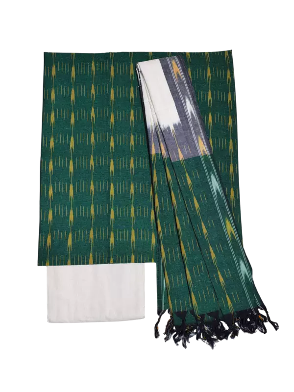 Olive Green Pochampally Ikkat Cotton Unstitched Salwar Suit Dress Material with Dupatta